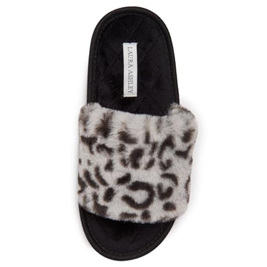 Laura Ashley Damen-Hausschuhe mit offenem Zehenbereich, Plüsch-Frottee, Hellgrau Leopard, X-Large im Sale